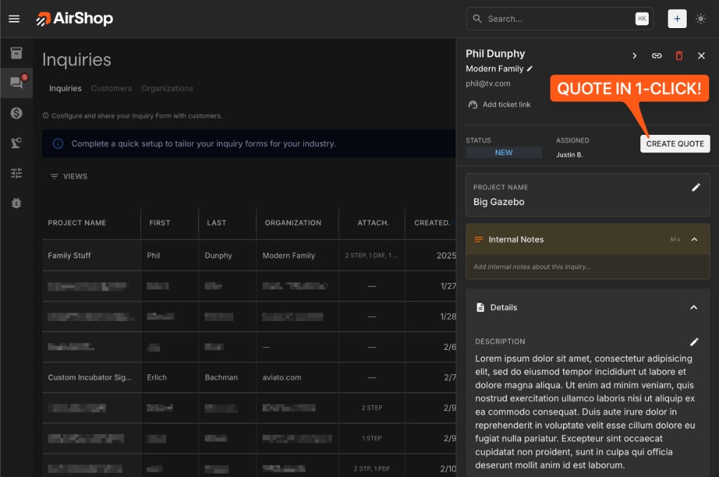 AirShop Inquiries dashboard with inquiry selected and CREATE QUOTE button highlighted — convert to quote in one click