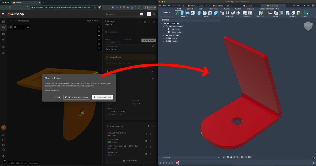 AirShop inquiry with Open in Fusion button and 3D model opened in Fusion