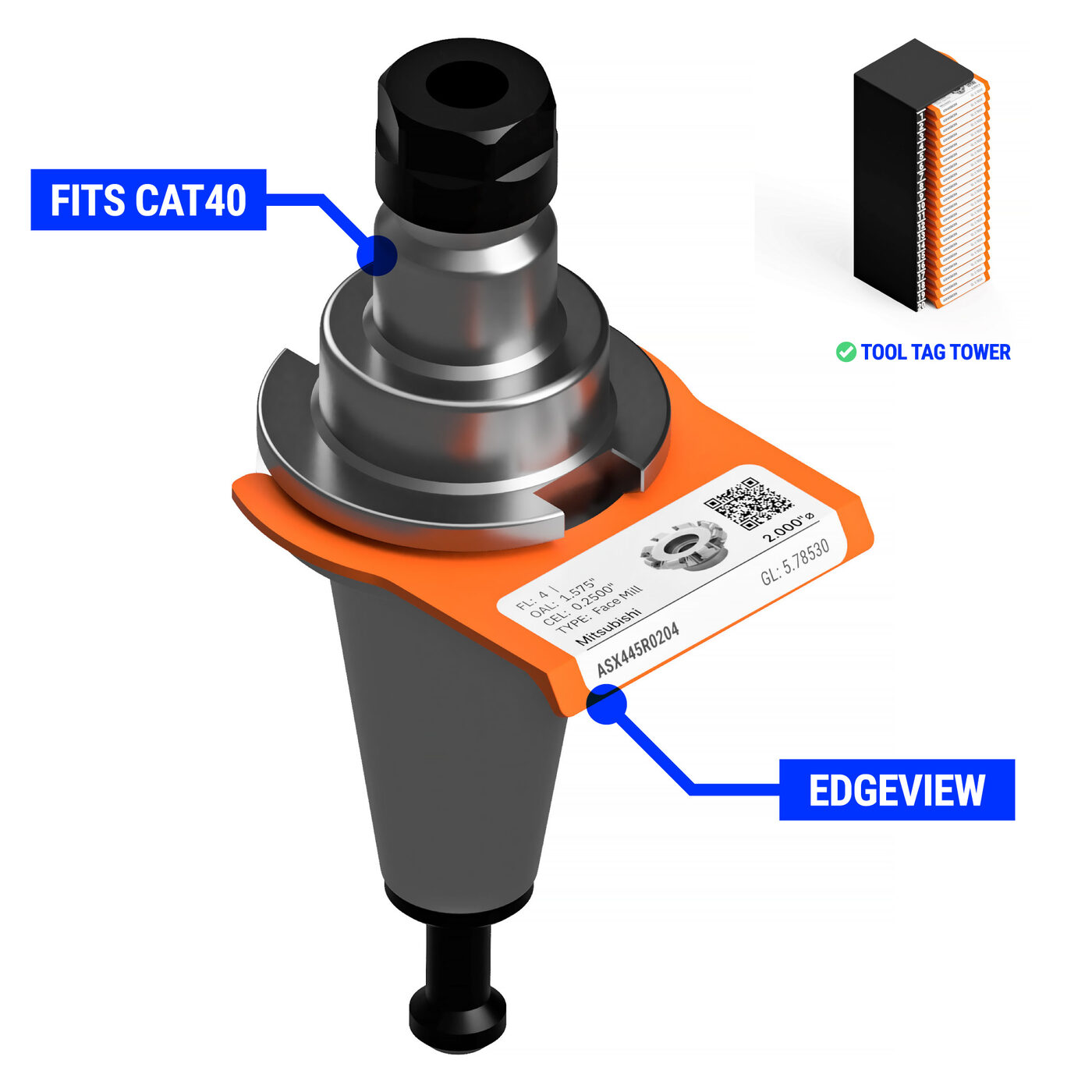 CAT40 holder with an Edgeview tag labeled from AirShop, plus a Tool Tag Tower