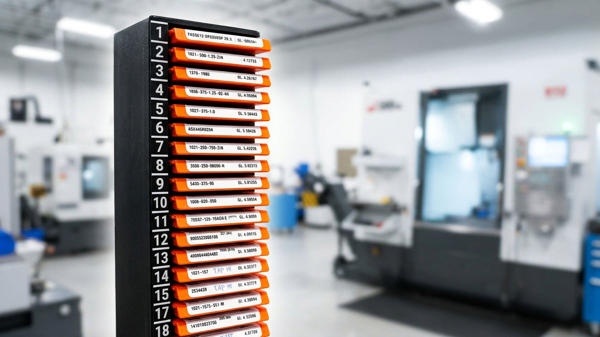 PDX CNC Tool Tag Tower on a mill with labeled holders