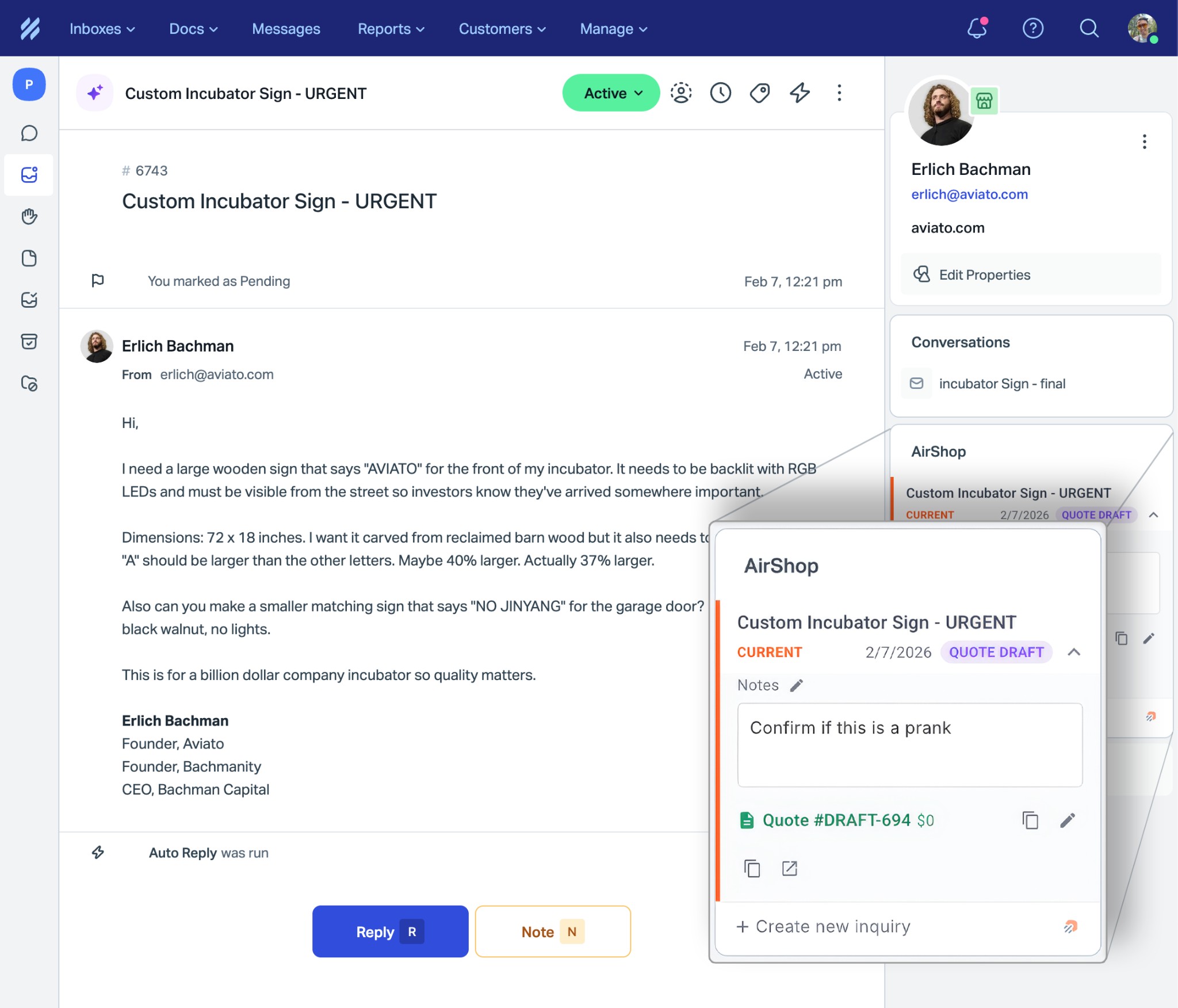 AirShop integration in Help Scout showing quote status and customer notes