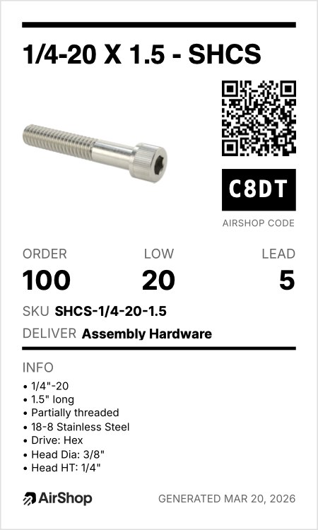 AirShop inventory kanban card showing part details, order levels, and QR code